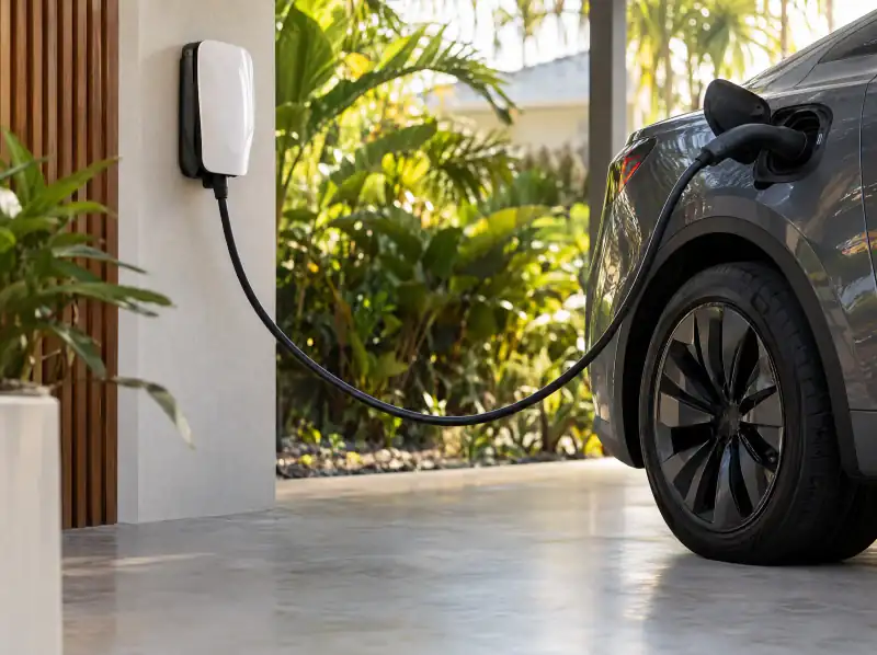Electric car charging from a wall charger at home