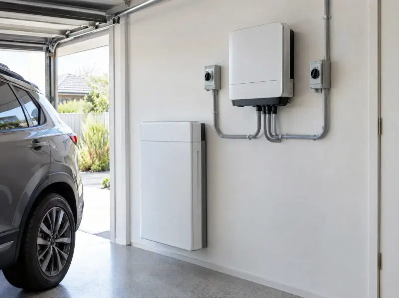 Home battery installed in a garage