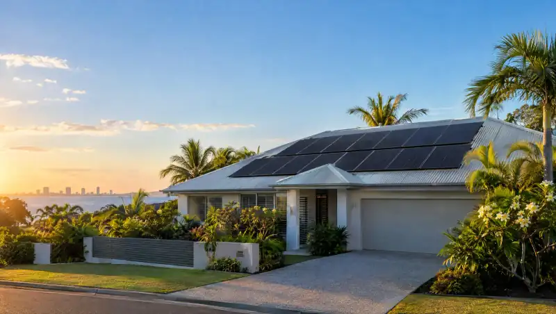 Gold Coast home with black solar panels at sunset